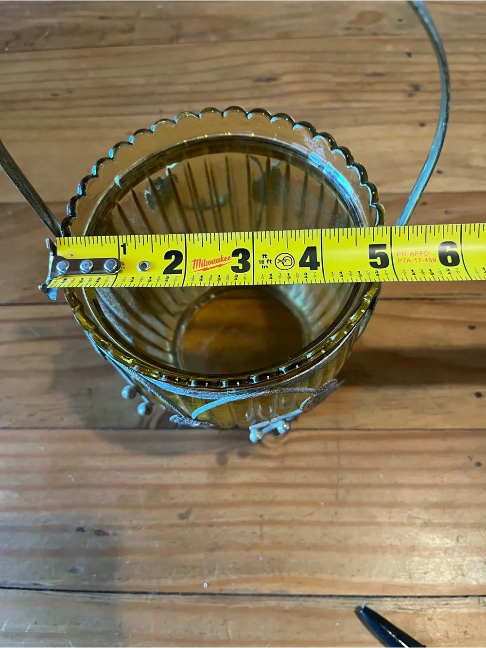 Vintage Amber Glass Ice Bucket with Caged Leaf and Handle
